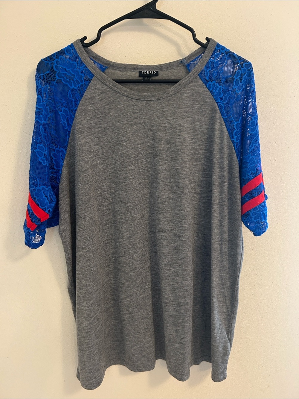 torrid Gray Tee with Royal Blue Lace Raglan Sleeves and Red Stripe Detail